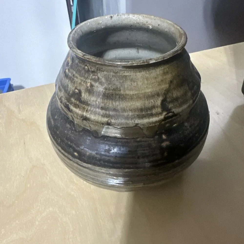 Vintage Stoneware Pottery Vase Vessel Ash Glazed Signed Texture Brown Signed